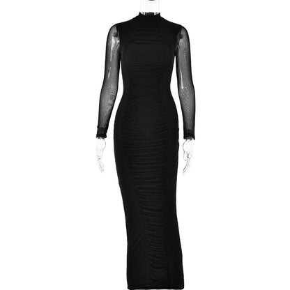 Long sleeve ruched mesh patchwork maxi dress