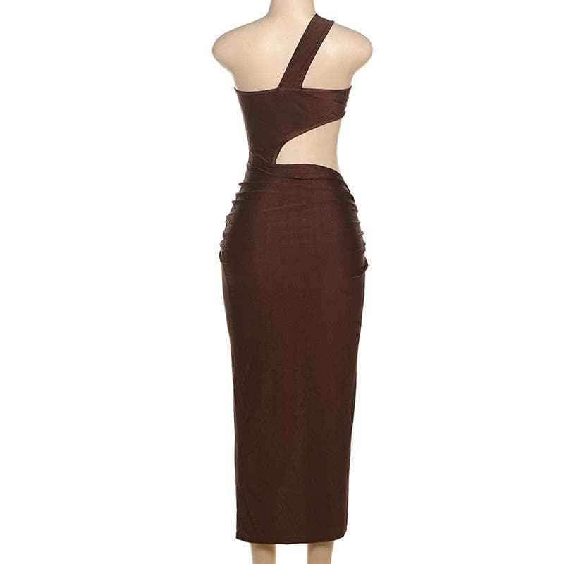 One shoulder hollow out ruched high slit cut out midi dress