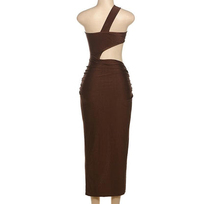 One shoulder hollow out ruched high slit cut out midi dress
