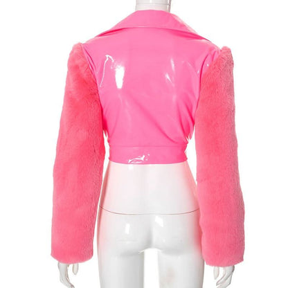Zip-up long sleeve fluffy turnover collar crop top