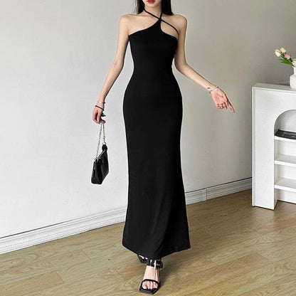 Halter Hollow out irregular solid cut out maxi dress