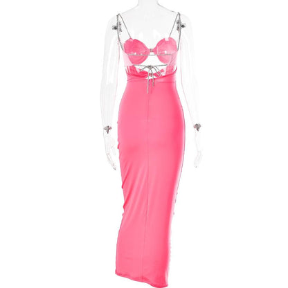 Hollow out contrast patchwork bowknot backless self tie cut out maxi dress