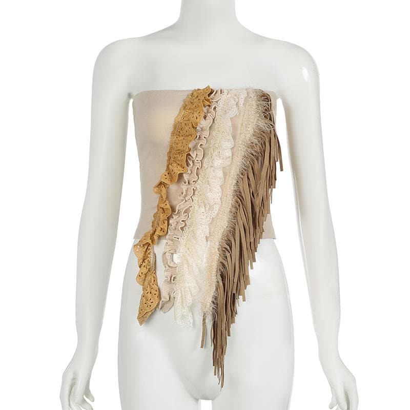 Lace hem backless tassels ruffle tube top