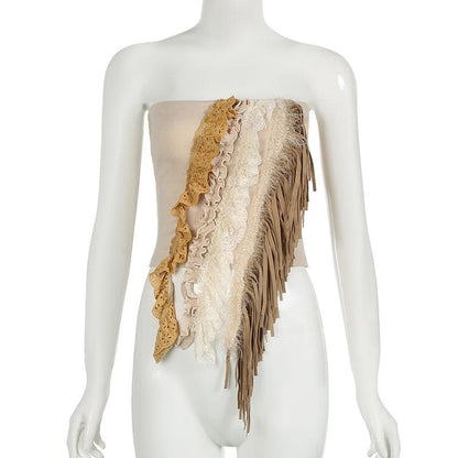 Lace hem backless tassels ruffle tube top
