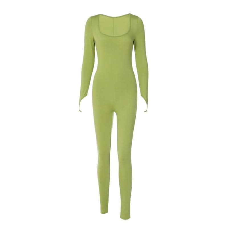 Long sleeve solid u neck slit jumpsuit- Final Sale-final-sale