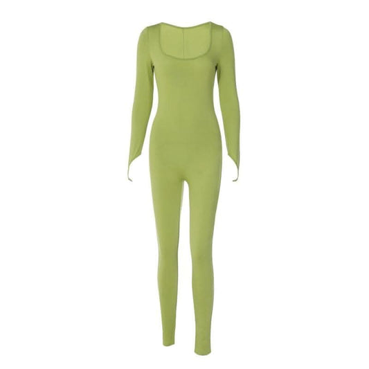 Long sleeve solid u neck slit jumpsuit- Final Sale-final-sale
