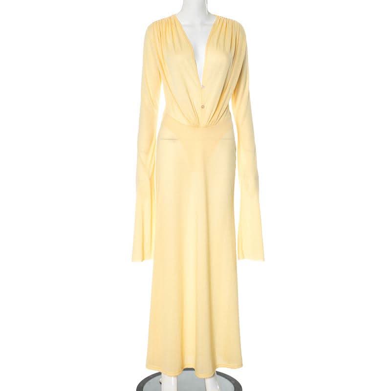 Long sleeve v neck button maxi dress