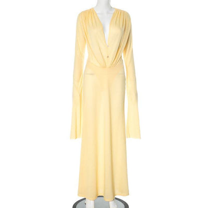 Long sleeve v neck button maxi dress