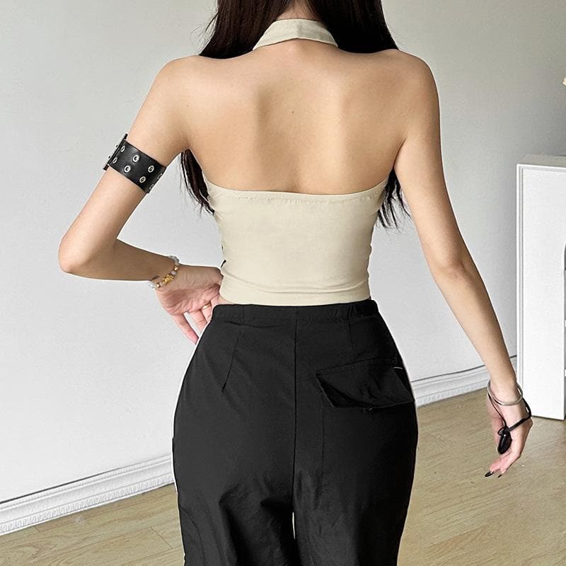 Halter button “99” pattern contrast backless crop top