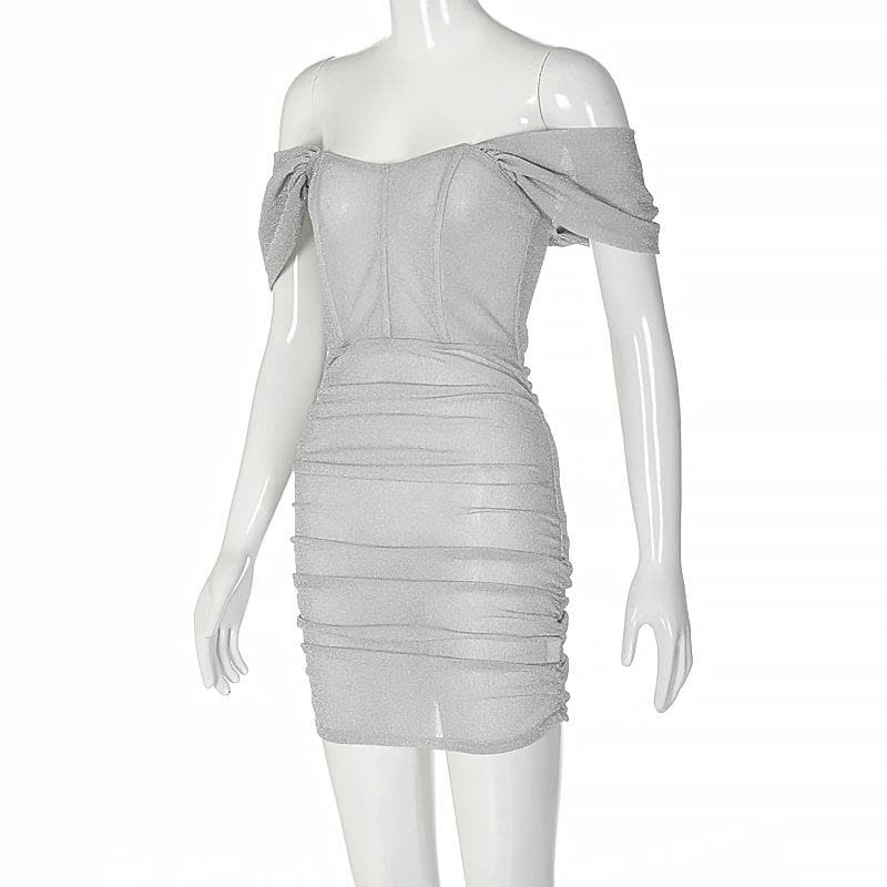 Off Shoulder Corset Sparkle Ruched Puff Sleeve Bodycon Mini Dress