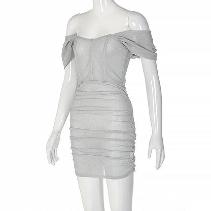 Off Shoulder Corset Sparkle Ruched Puff Sleeve Bodycon Mini Dress