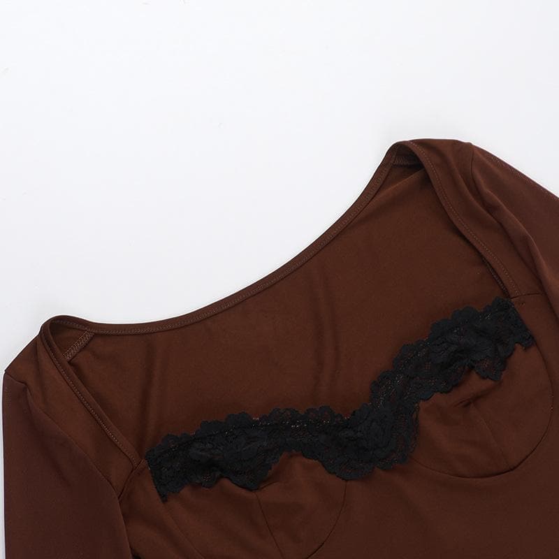 Long sleeve lace hem solid mini dress