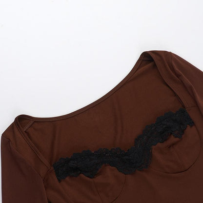 Long sleeve lace hem solid mini dress