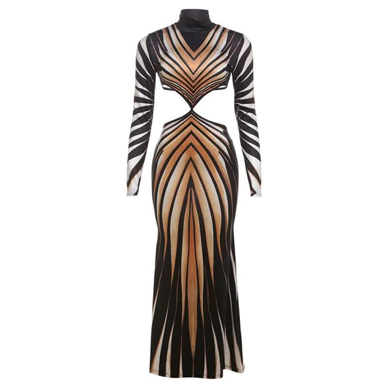 High neck long sleeve hollow out print contrast cut out maxi dress-final-sale