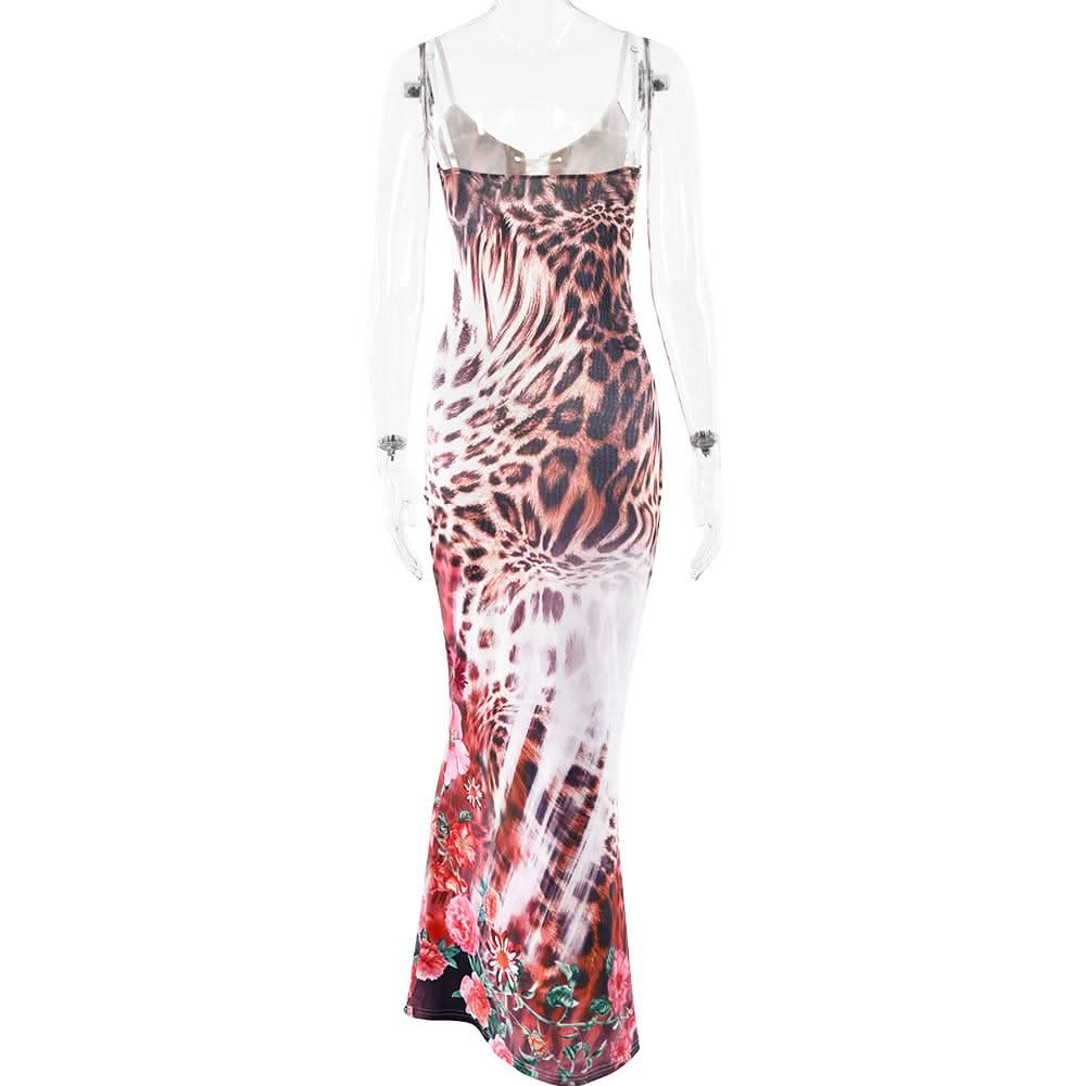 V neck self tie leopard print backless cami maxi dress