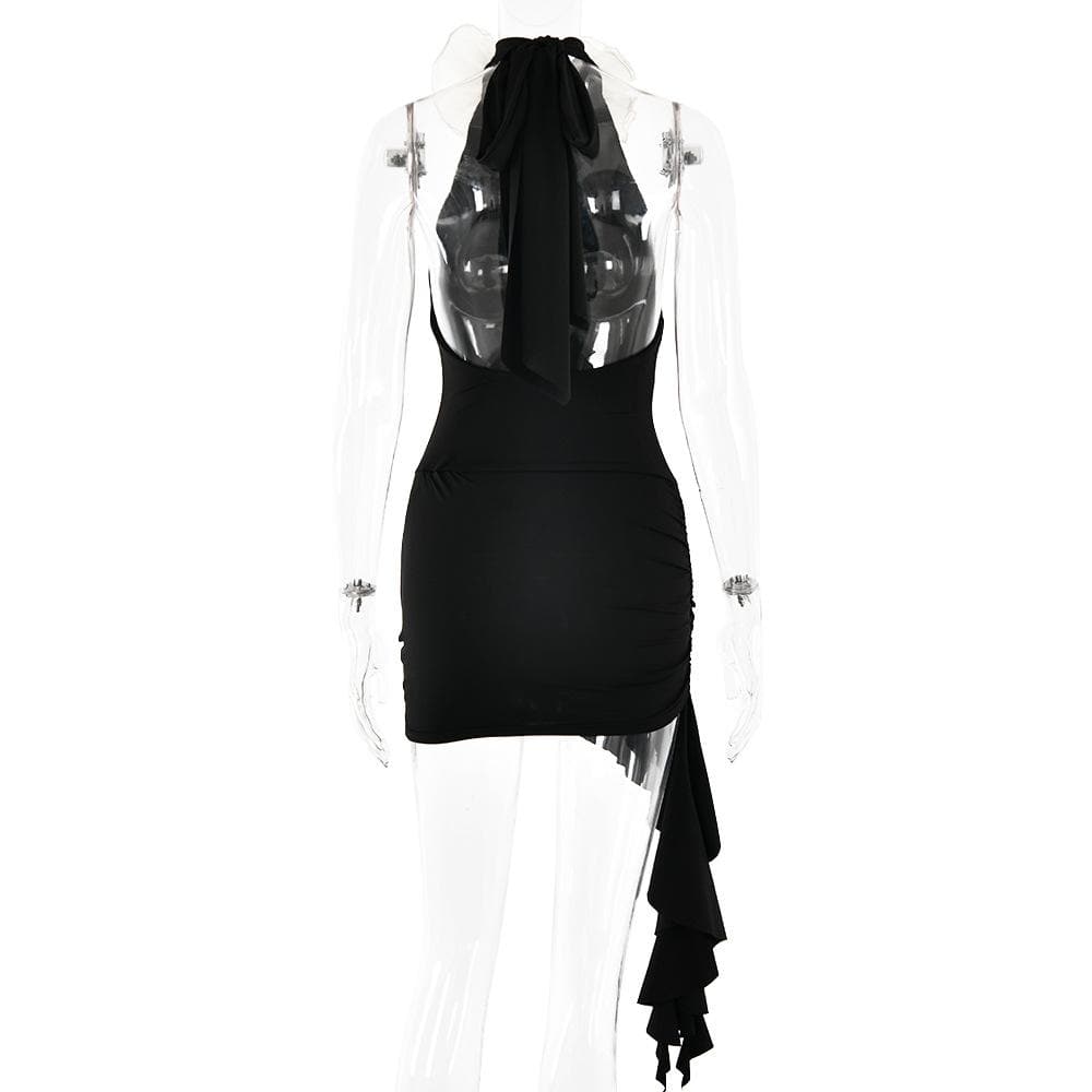 Halter ruched flower applique ruffle mini dress