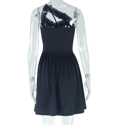 One shoulder ruffle hollow out ruched cami cut out mini dress