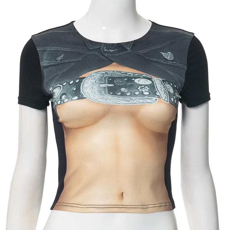 Short sleeve body print crewneck contrast top