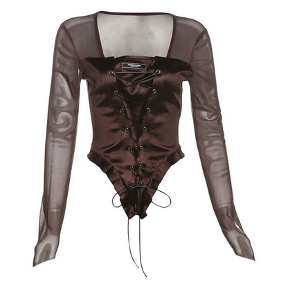 Long sleeve mesh square neck lace up top