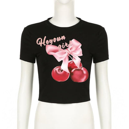 Short sleeve cherry print crewneck crop top