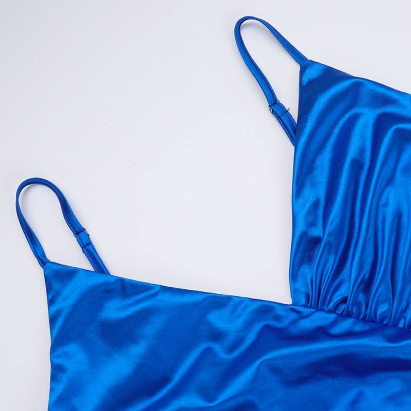 V neck ruched slit zip-up cami maxi dress