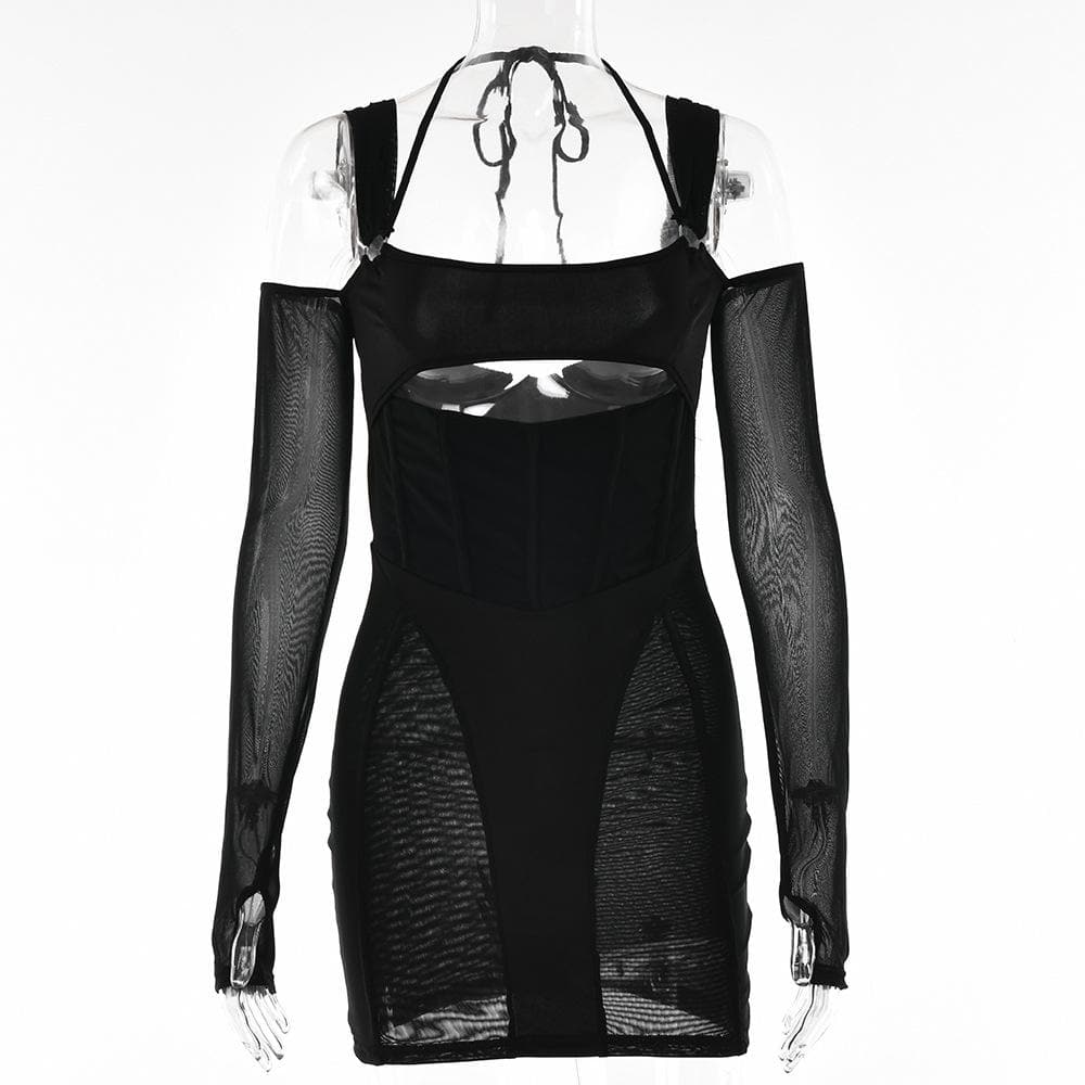 Gloves mesh corset off shoulder hollow out long sleeve halter cut out mini dress