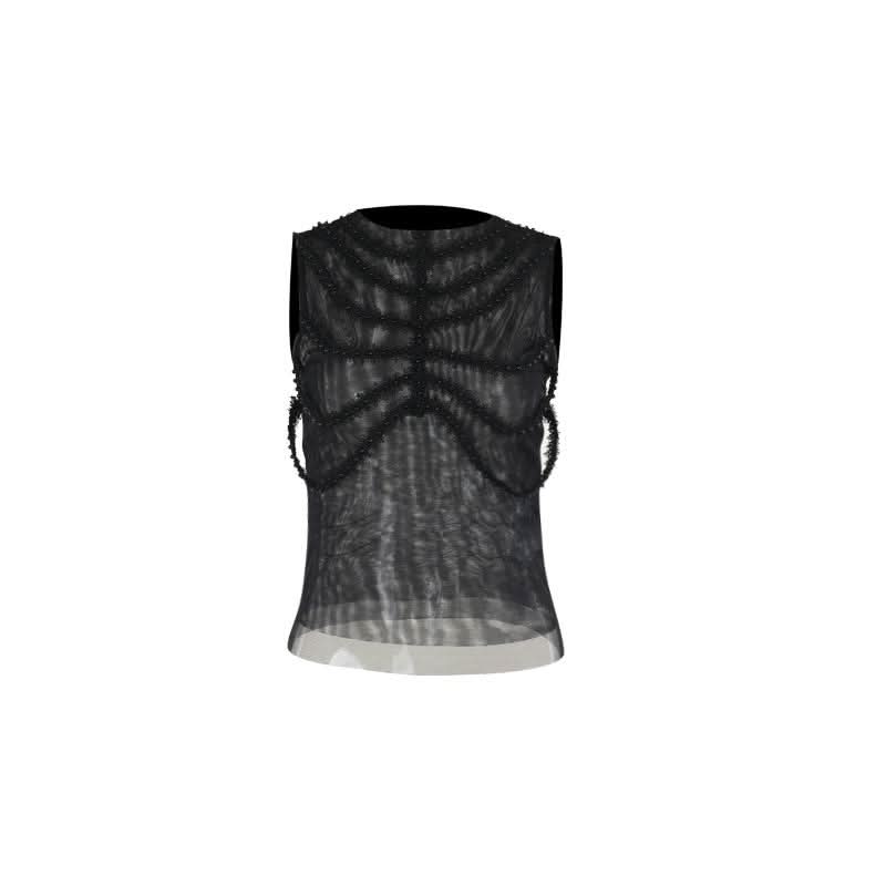 Sleeveless crewneck mesh beaded top