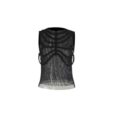 Sleeveless crewneck mesh beaded top