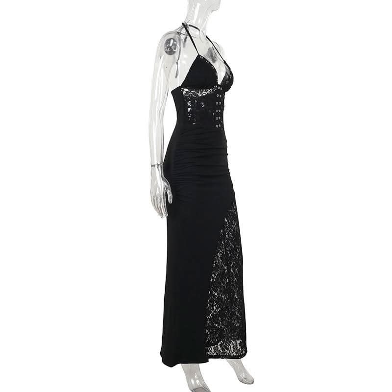 Lace v neck halter self tie ruched maxi dress