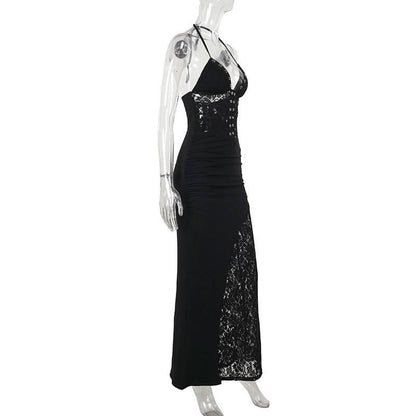 Lace v neck halter self tie ruched maxi dress