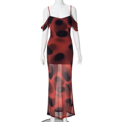 Off Shoulder Spaghetti Strap Blurred Dot Print Sheer Mesh Maxi Dress