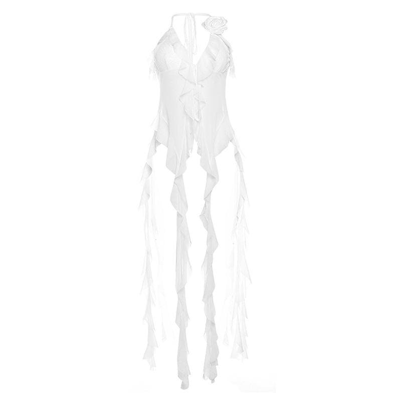 Halter rose applique sheer mesh ruffle v neck backless crop top