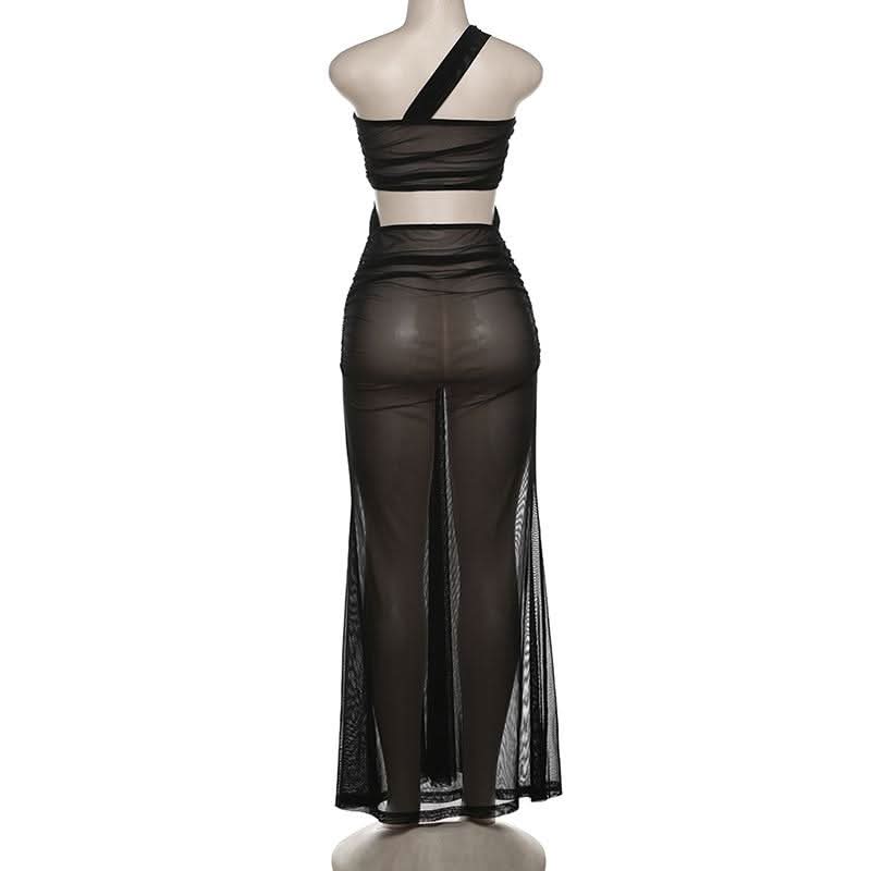 One shoulder mesh hollow out cut out maxi dress