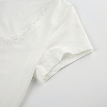 Short sleeve bowknot lace hem top