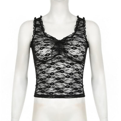 U neck ruffle lace bowknot see through crop top