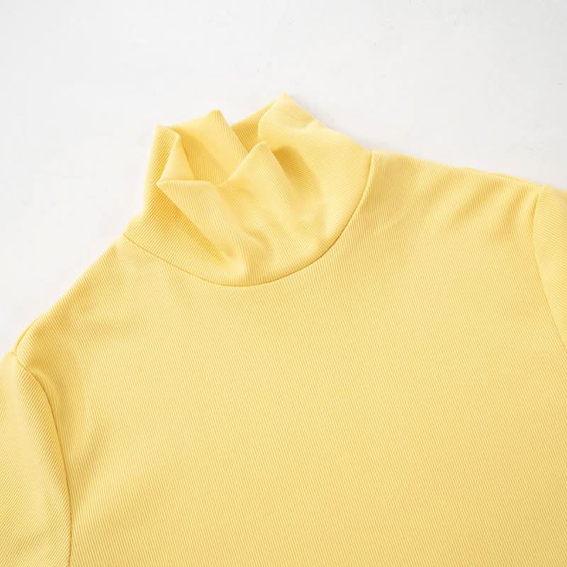 High neck long flared sleeve ruched ribbed solid top