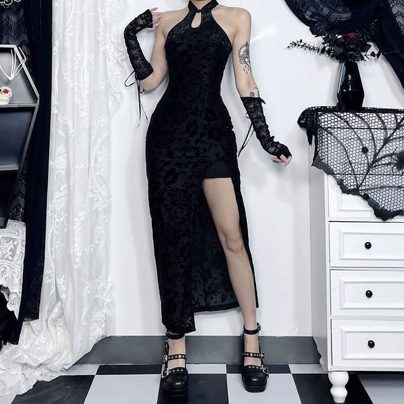 Hollow out halter self tie slit print cut out midi dress