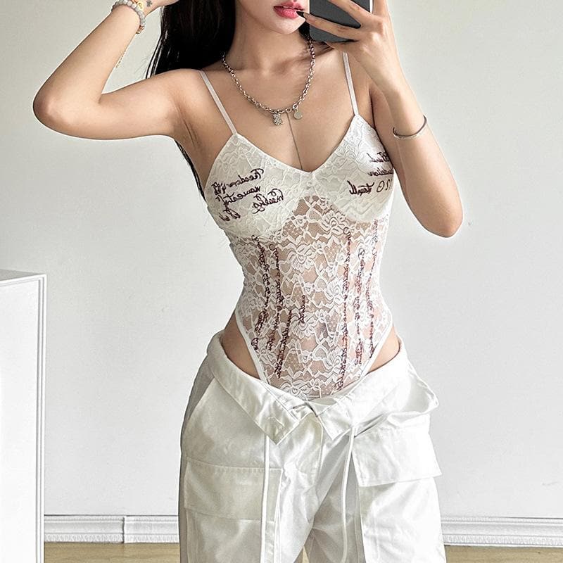 Lace v neck letter print button cami bodysuit