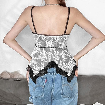 Lace patchwork flower applique ruffle cami top