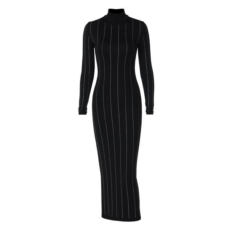 Mock Neck Long Sleeve Rhinestone Pinstripe Bodycon Midi Dress