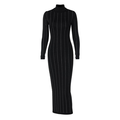 Mock Neck Long Sleeve Rhinestone Pinstripe Bodycon Midi Dress