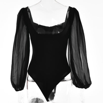 Solid v neck long sleeve mesh backless bodysuit