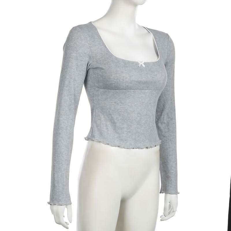 Square neck long sleeve bowknot ruffle top