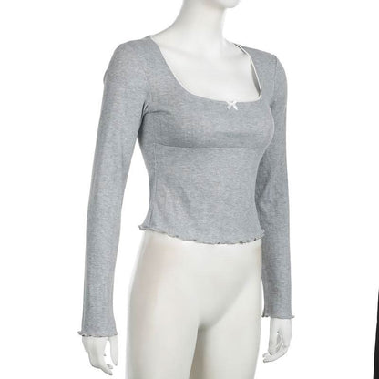 Square neck long sleeve bowknot ruffle top