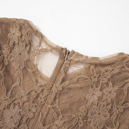 Long sleeve ruched lace zip-up see through 2 piece jumpsuit