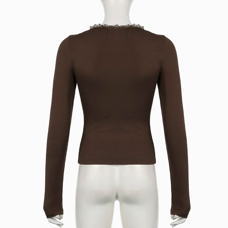 V neck long sleeve lace hem ruched bowknot top