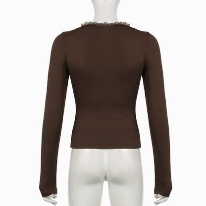 V neck long sleeve lace hem ruched bowknot top