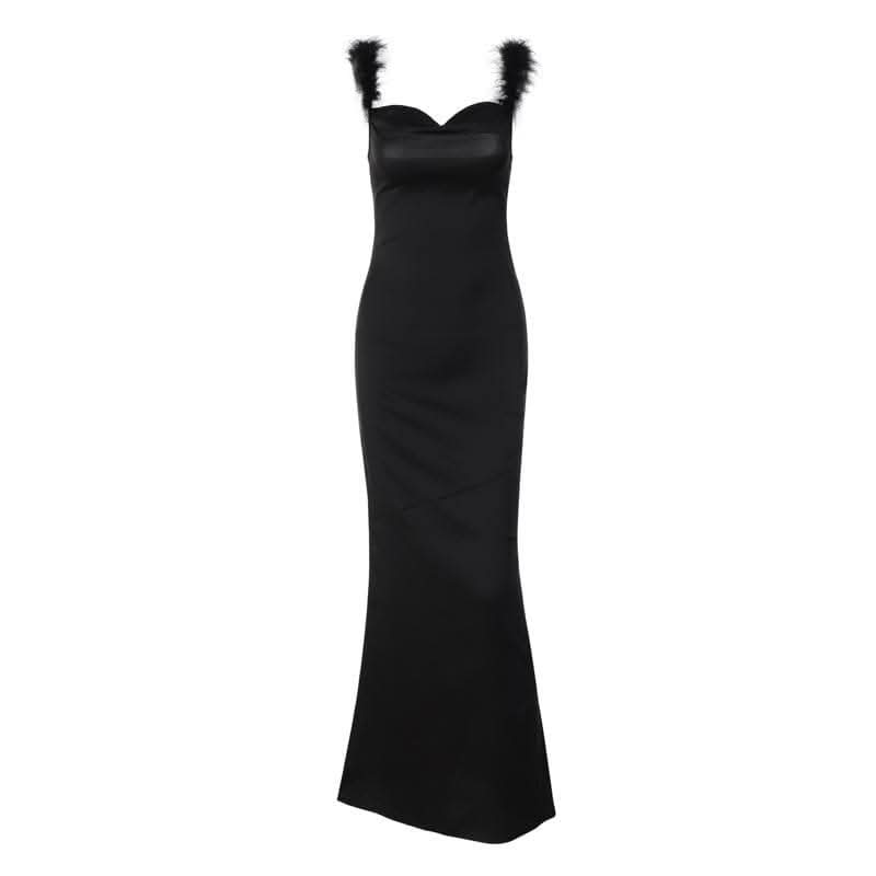 Feather cowl neck ruched solid backless maxi dress-final-sale