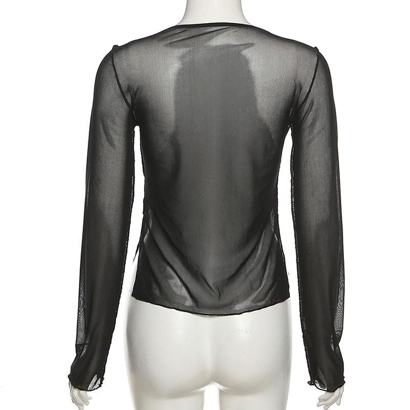 Long sleeve v neck sheer mesh self tie slit top