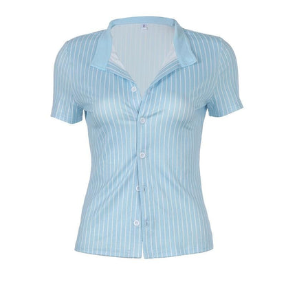 Turnover collar short sleeve striped print button top